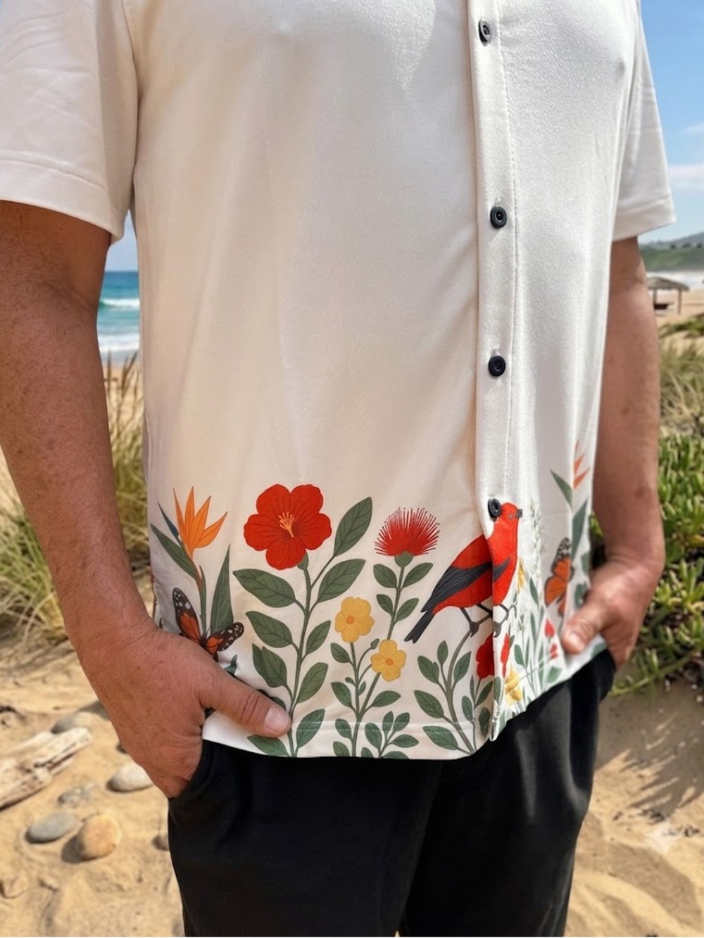 Men's White Button-Up Shirt with Red Floral & Bird Print